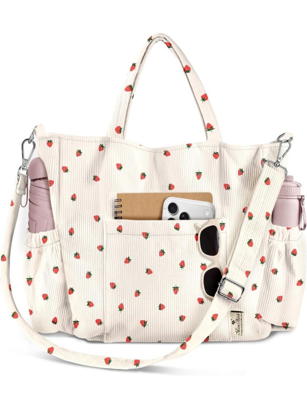 Women's Strawberry Corduroy Tote Bag Multi Pocket Adjustable Shoulder Purse